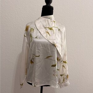 Chic Satin Floral Blouse | Cream & Green Modern Romantic Style